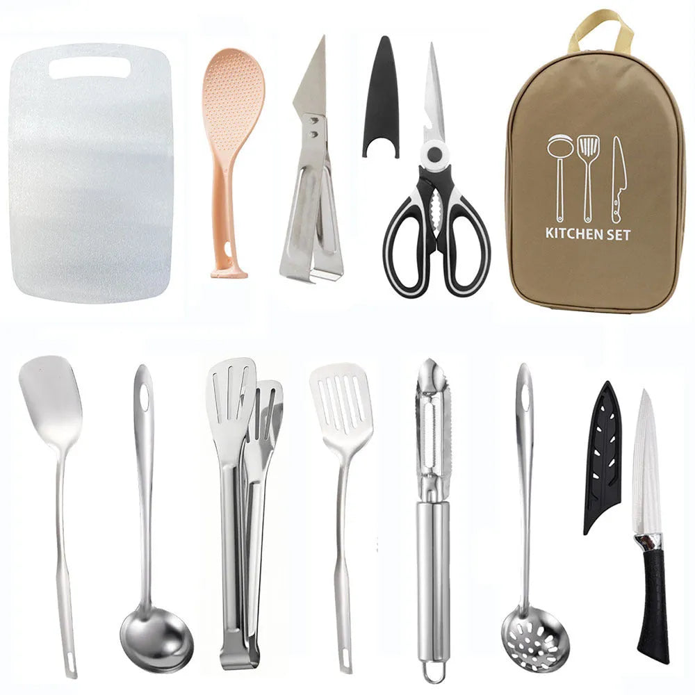 12-piece stainless steel cutlery set inside a khaki portable picnic storage bag