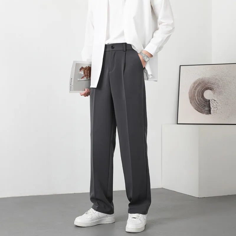 Men's fleece-lined casual trousers in solid colour, mid waist with zipper fly, Ice Silk fabric