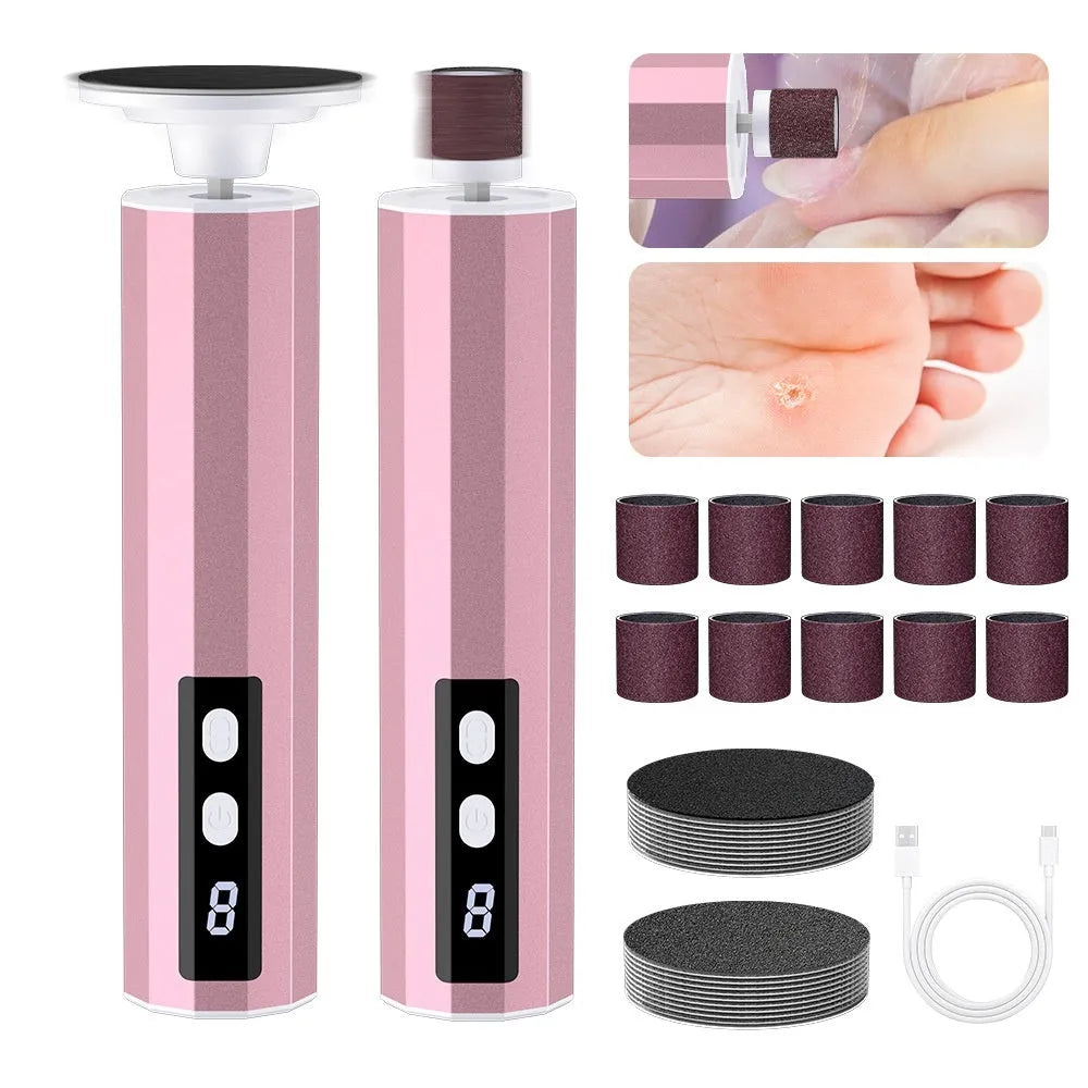 Callus exfoliating manicure equipment kit with grinding wheels in pink, black, or purple colour options