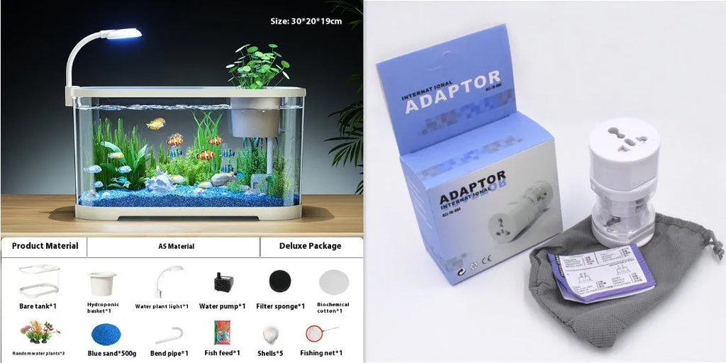 Ecological landscape filter oxygen-making integrated fish tank in luxury black colour on desktop