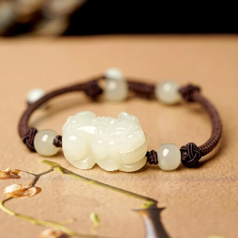 Hetian jade bracelet with black and red braided ropes traditional Chinese jewellery