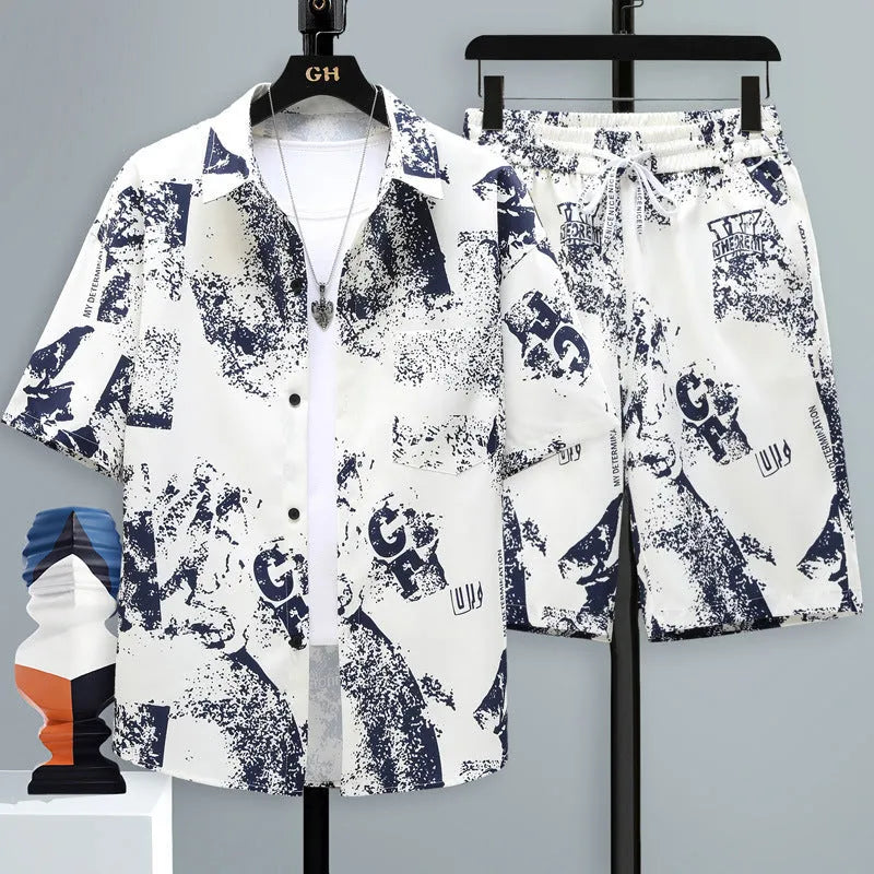 Men's casual sports shorts two-piece set with short sleeve top and matching polyester shorts