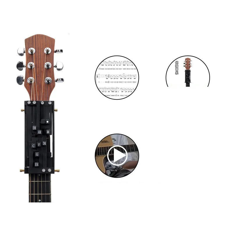 Black folk guitar chord practice device with automatic gear mechanism for beginner transitions