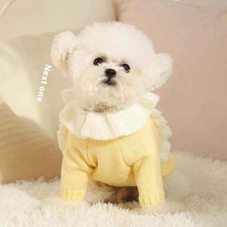 Yellow XINGX and Fairy Dress style acrylic knit dog sweaters for small breeds in autumn.