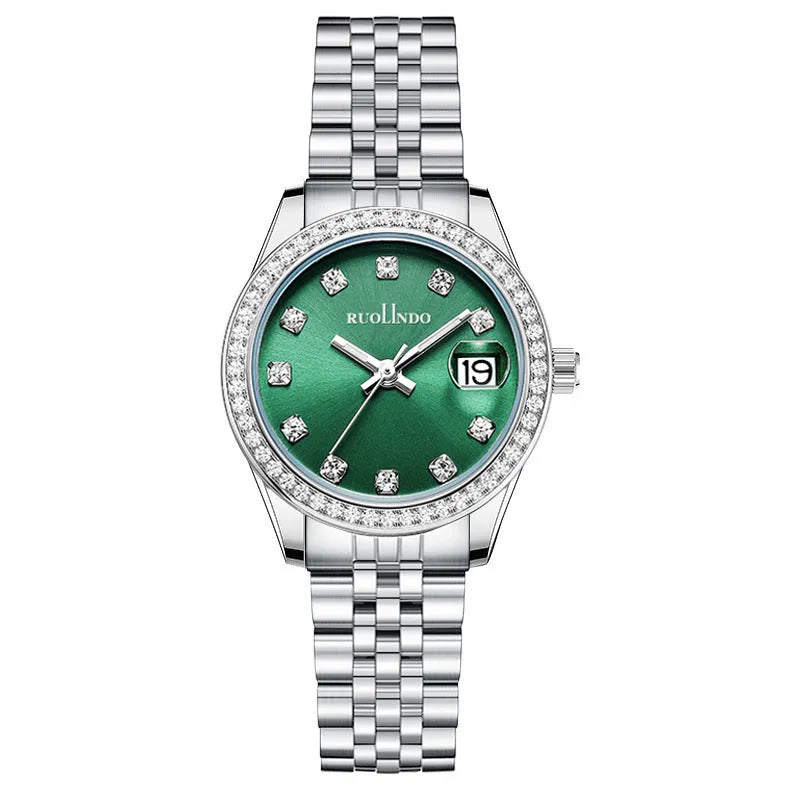 Women's silver calendar watch with circular dial showing date function and stainless steel buckle