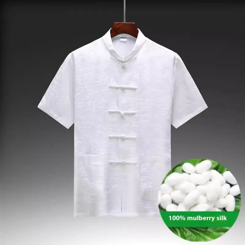 Traditional Chinese mulberry silk Tang suit for middle-aged men in light green colour