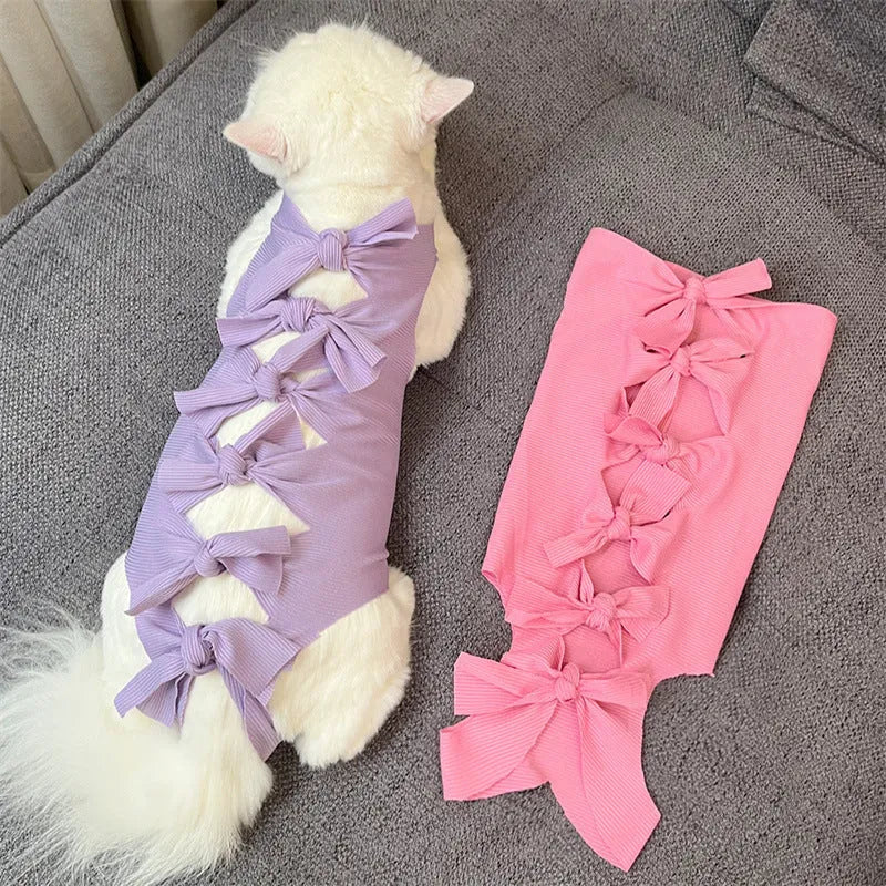 Lace-up cat sterilisation recovery clothing in polyester, shown in various colours and sizes.