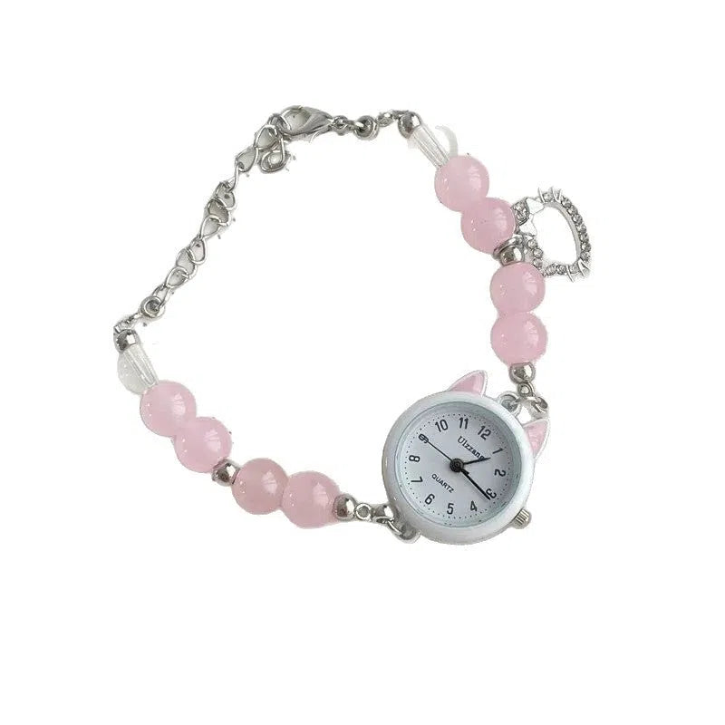 Women's chain watch with cat ear frame in silver, 8mm thickness, casual style