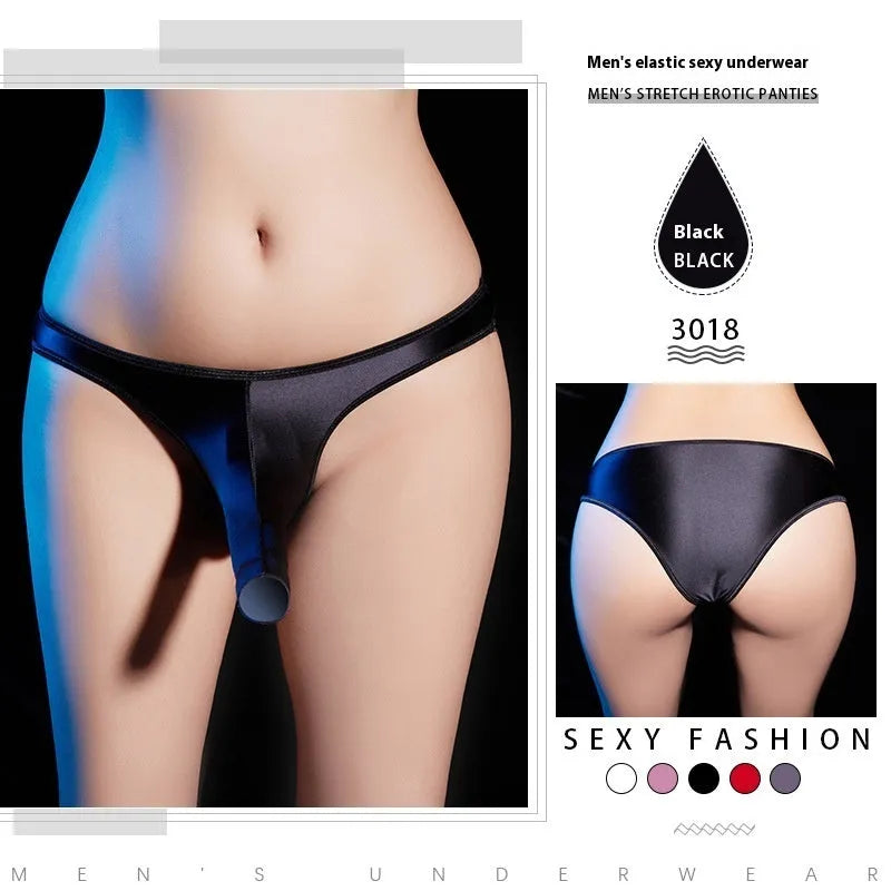Men's shiny nylon low waist T-back underwear in black, white, grey, red or pink