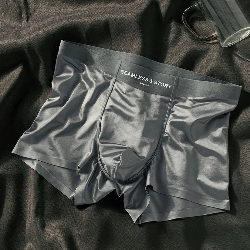 Men's satin ice silk underwear in mid waist design showing traceless construction