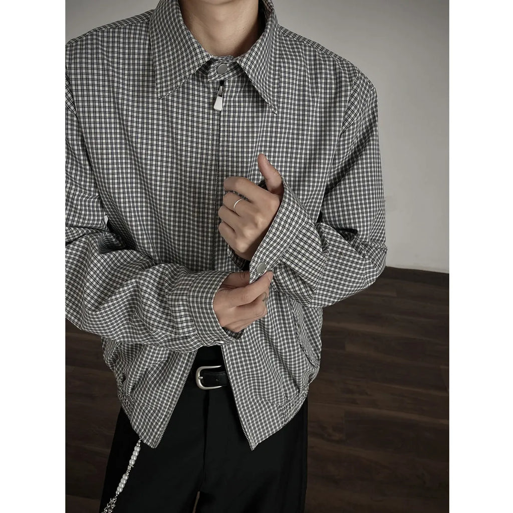 Korean style retro plaid short jacket with double zipper in grey and blue plaid, cotton blend