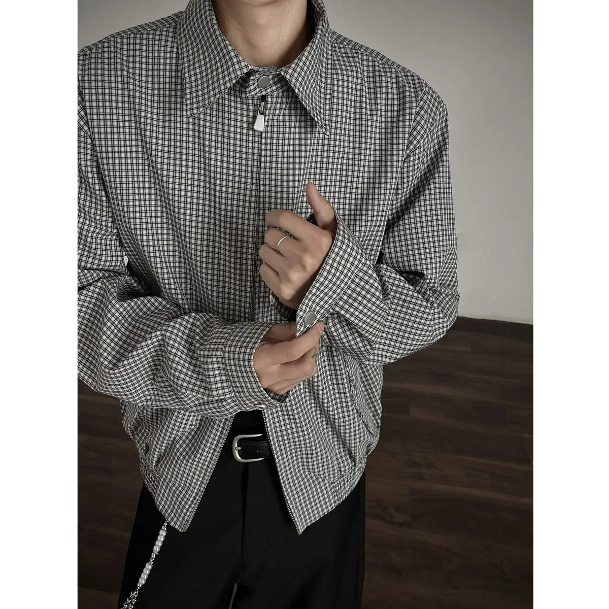 Korean style retro plaid short jacket with double zipper in grey and blue plaid, cotton blend