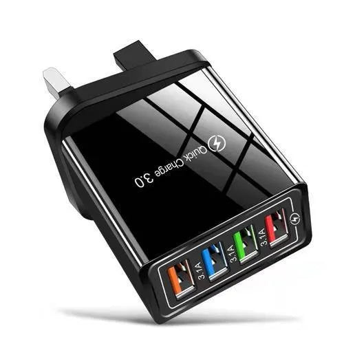Multi-port USB charging head with four ports, PC+ABS housing in black, white, and blue options