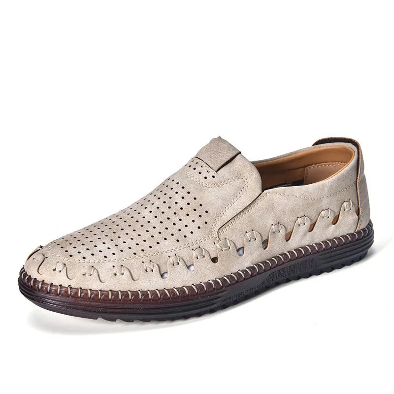 Men's brown slip-on casual leather shoes with round toe and flat heel on a white background.