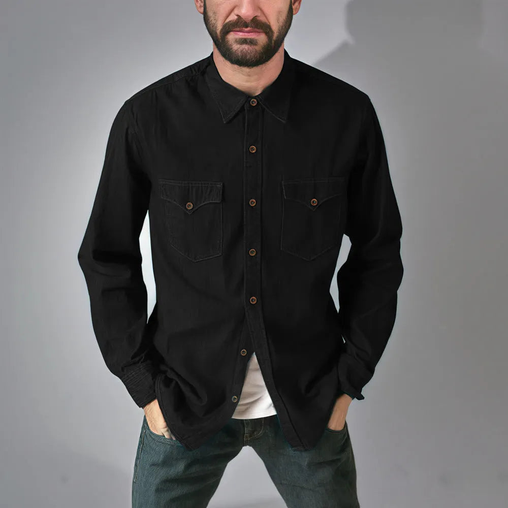 Men's regular fit cotton denim cardigan coat in khaki, shown open as a layering piece.