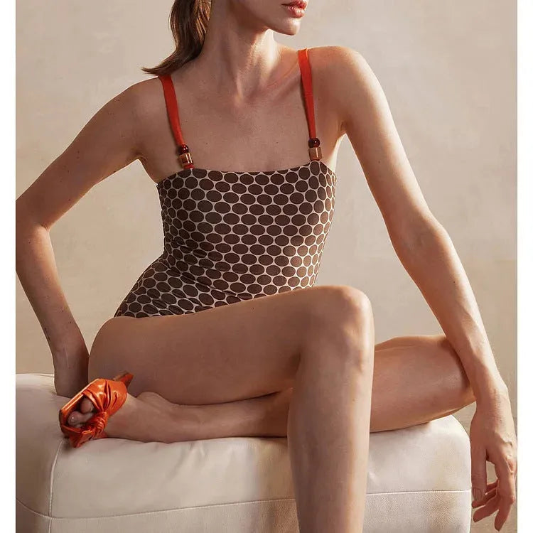 Women's printed one-piece swimsuit with matching wrap skirt set in dots pattern polyester fabric