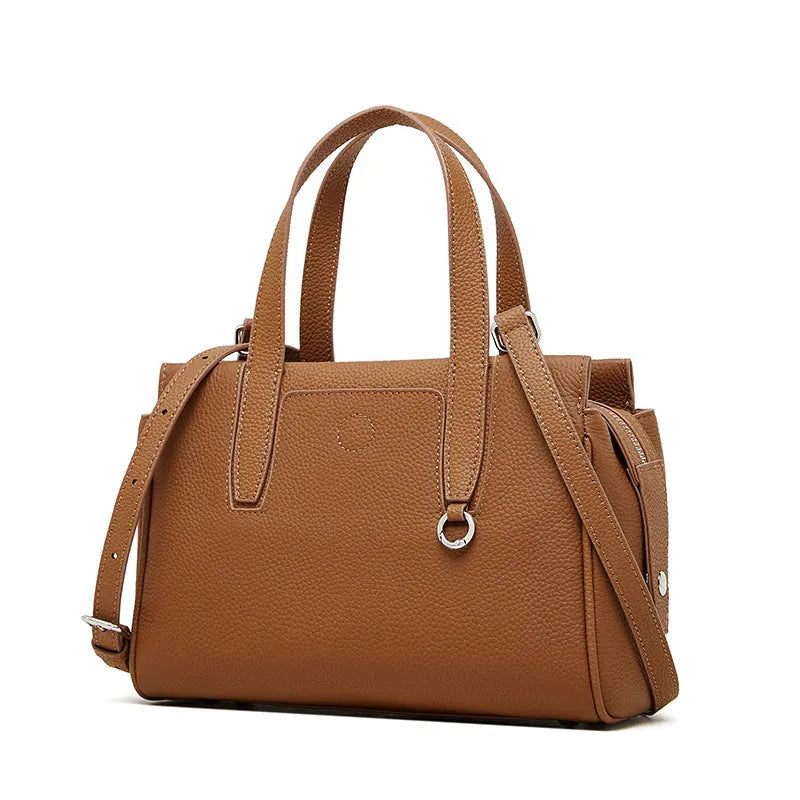 Genuine leather large-capacity crossbody bag in horizontal square shape in black colour with shoulder strap