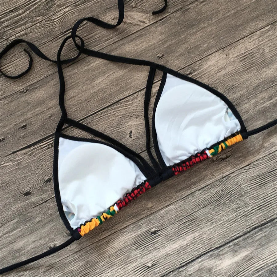 Women's high-waisted backless bikini swimsuit with digital printing, includes top and shorts.
