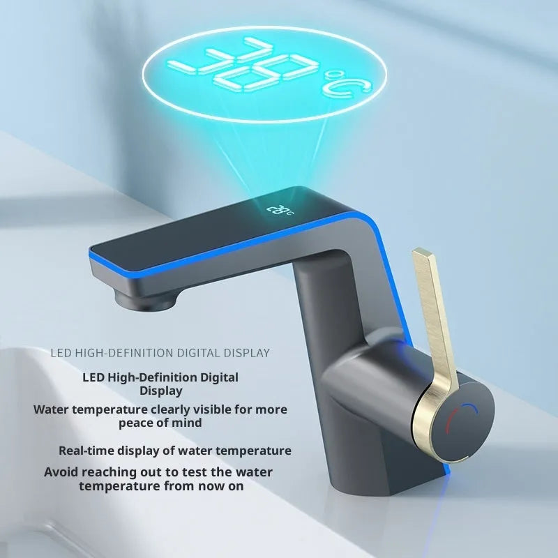 Intelligent digital display basin faucet with tropical ambience light in gun gray zinc alloy with 80cm inlet pipe