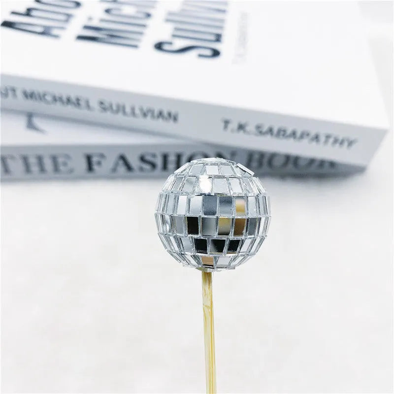 Glass disco ball cake decoration with wooden stick in multiple sizes for celebration cakes