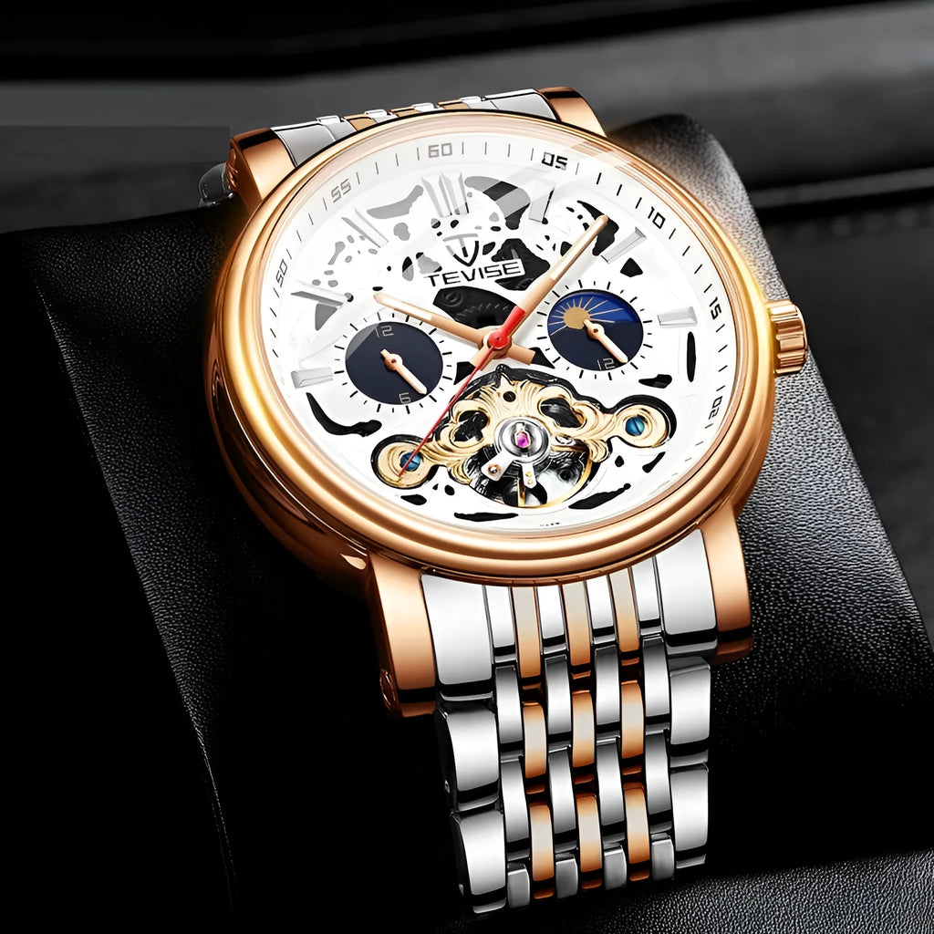 Men's black dial mechanical tourbillon watch with luminous hands on a stainless steel bracelet.