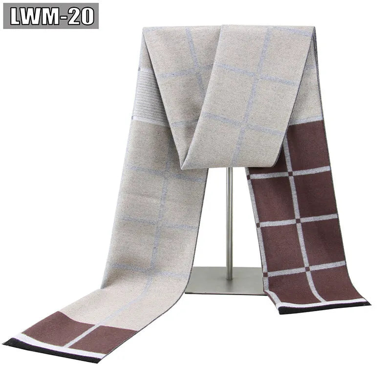 Men's plaid imitation cashmere scarf with tassels, over 175cm long, in a business style