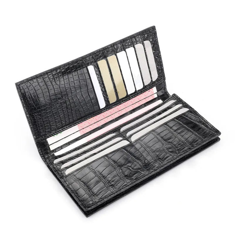 Men's black genuine leather business wallet with card and coin slots on white background