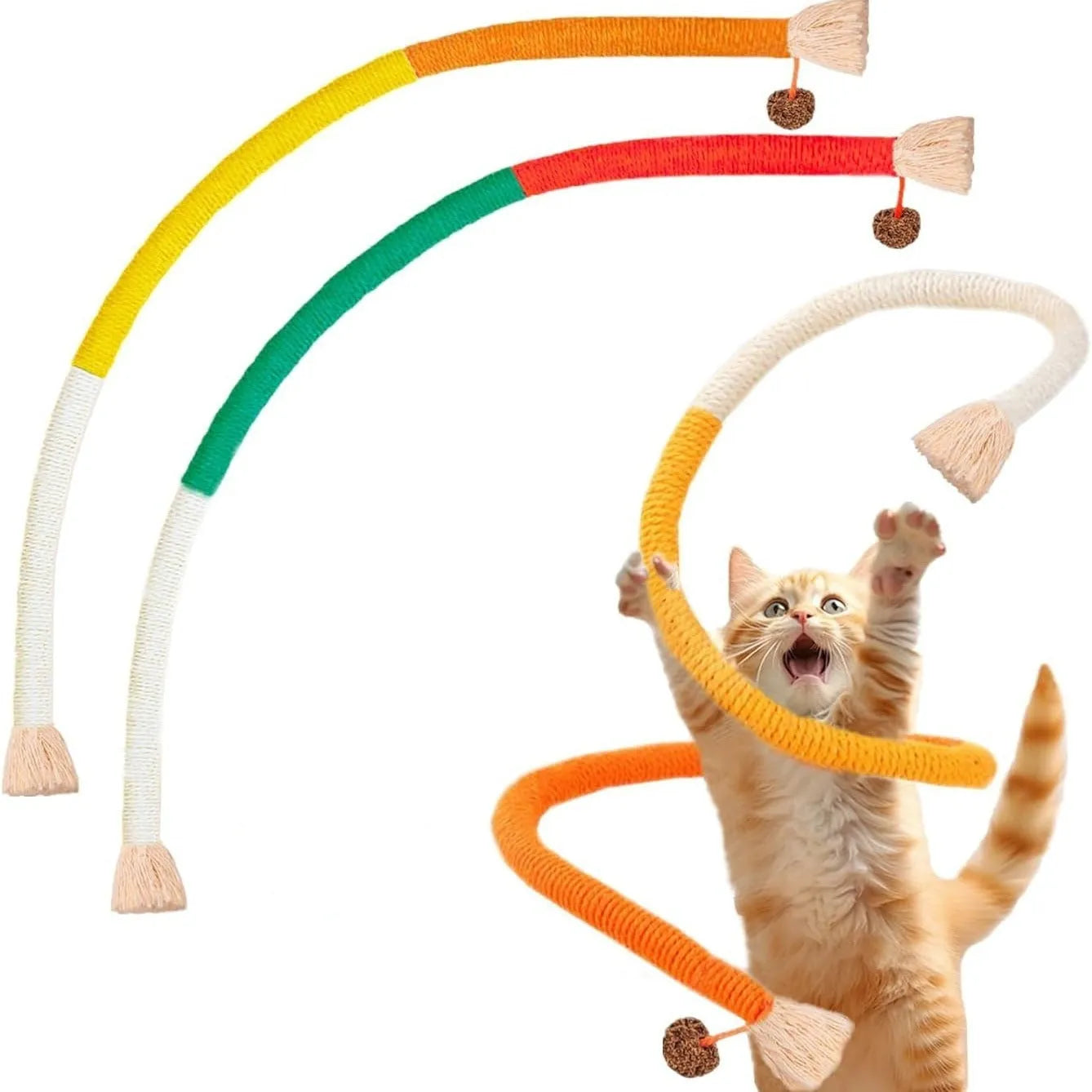 70cm long cat chew rope toy in three colours: purple, orange, and red with green, made from cotton string