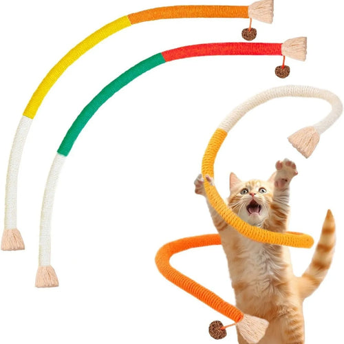 70cm long cat chew rope toy in three colours: purple, orange, and red with green, made from cotton string