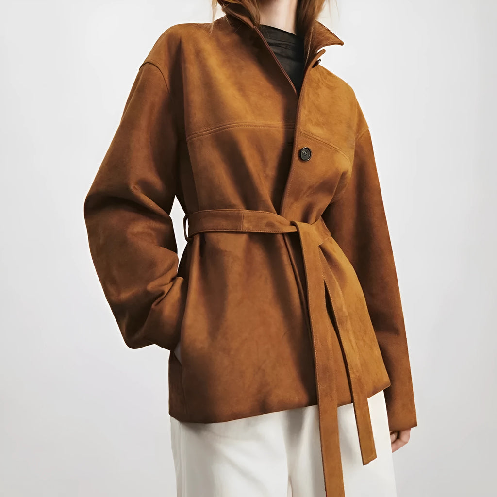 Retro style cashmere coat with Peter Pan collar and belt in Caramel Mocha colour