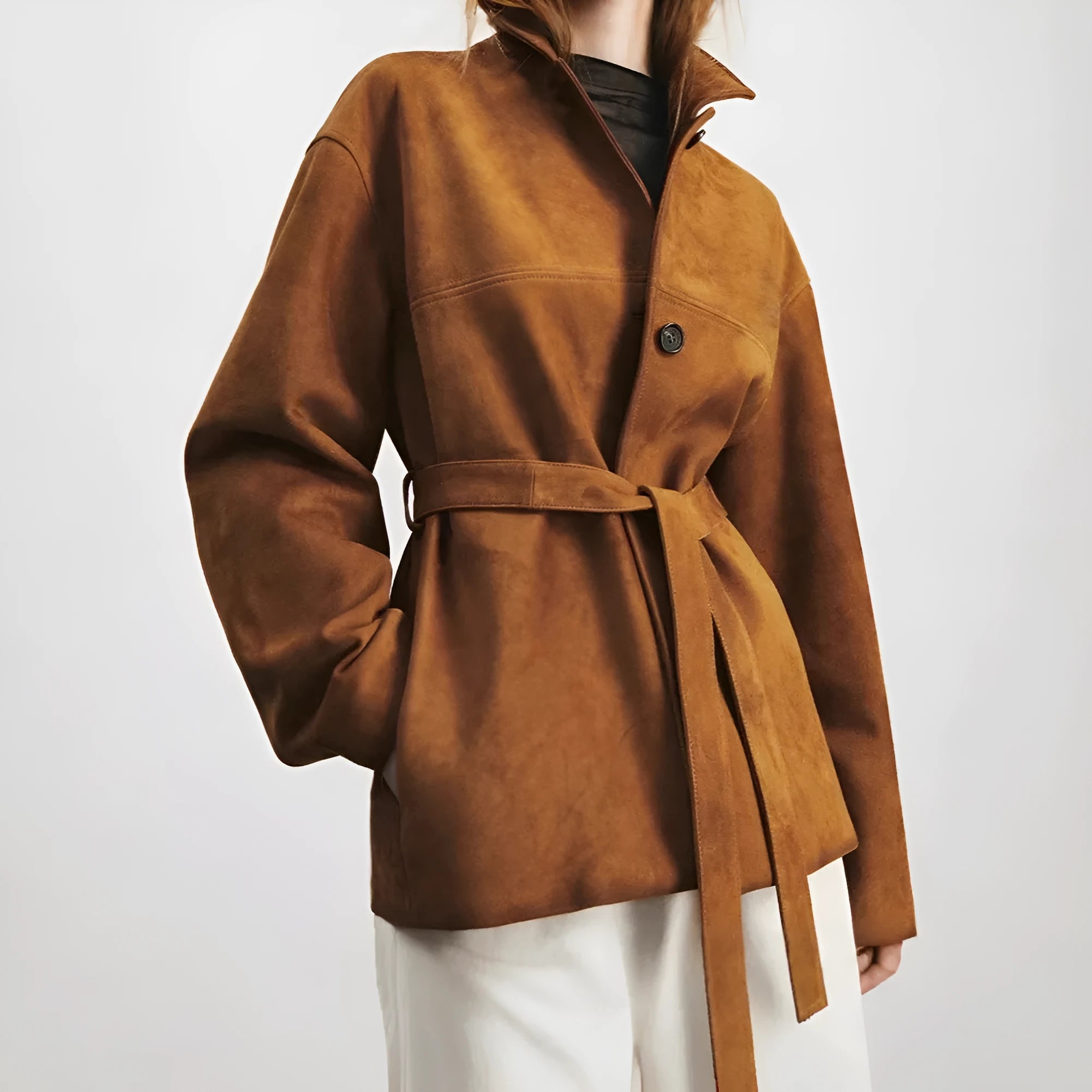 Retro style cashmere coat with Peter Pan collar and belt in Caramel Mocha colour