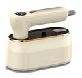 Foldable portable ironing machine with ceramic baseplate in milky white colour showing plug options