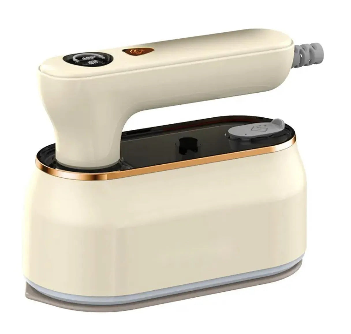 Foldable portable ironing machine with ceramic baseplate in milky white colour showing plug options