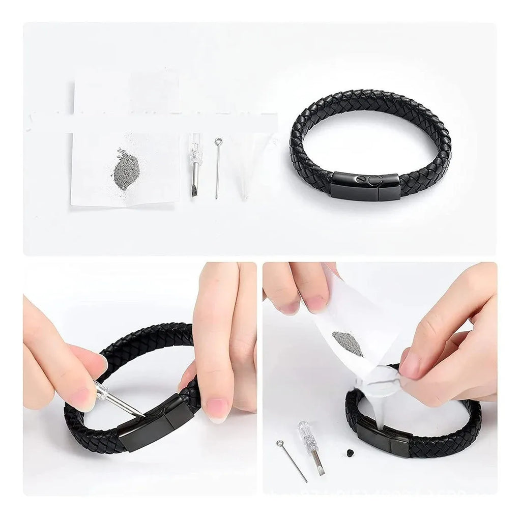 Black stainless steel memorial bracelet with woven leather design and engraved text