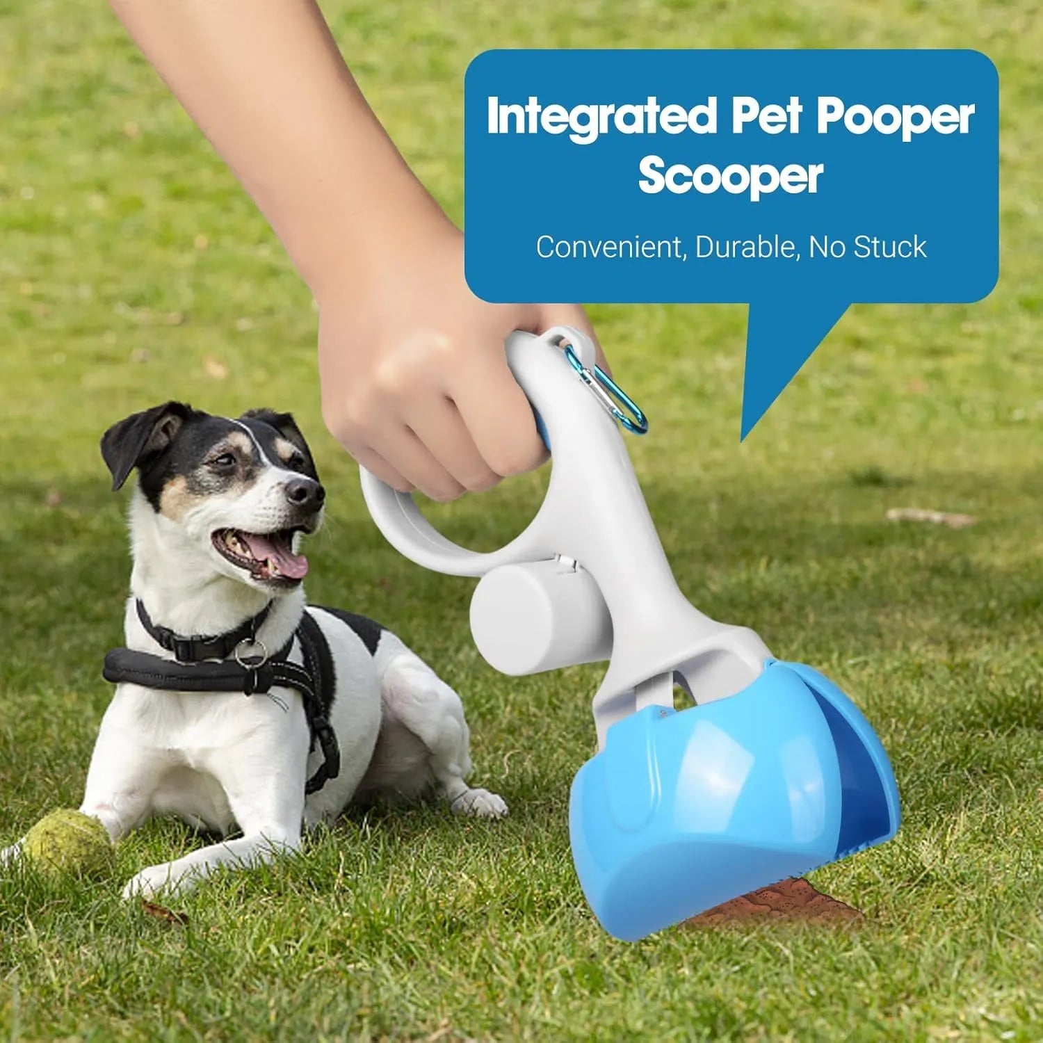 A black ABS plastic pet pooper scooper with an integrated trash bag holder and a top hook.