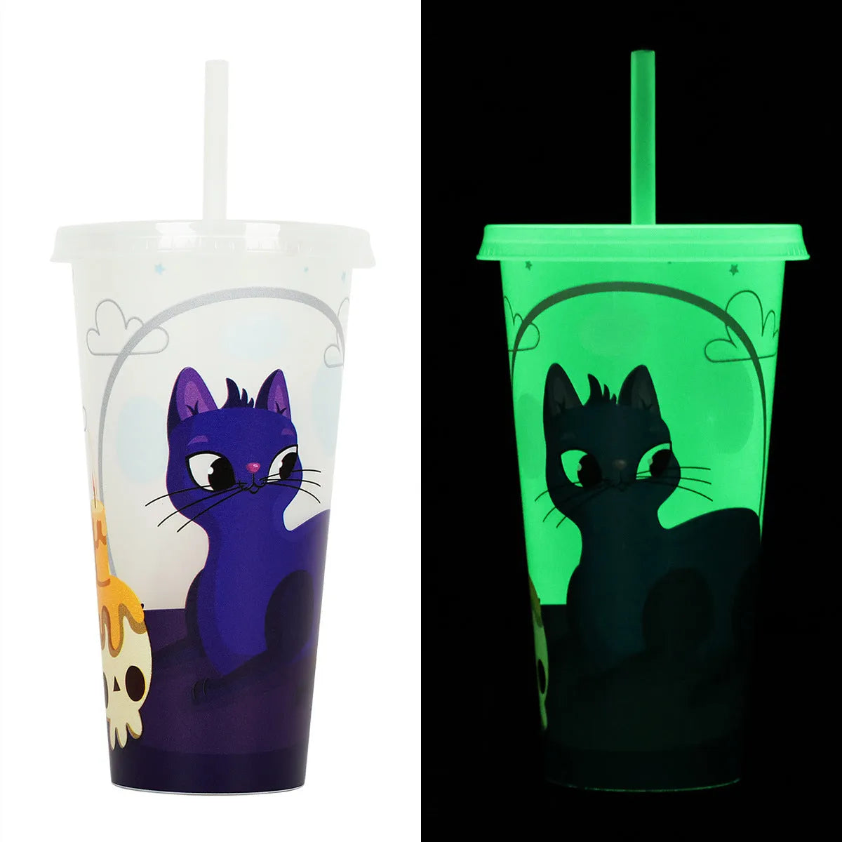 720ml Halloween luminous plastic straw cup with drinking straw in cylindrical design