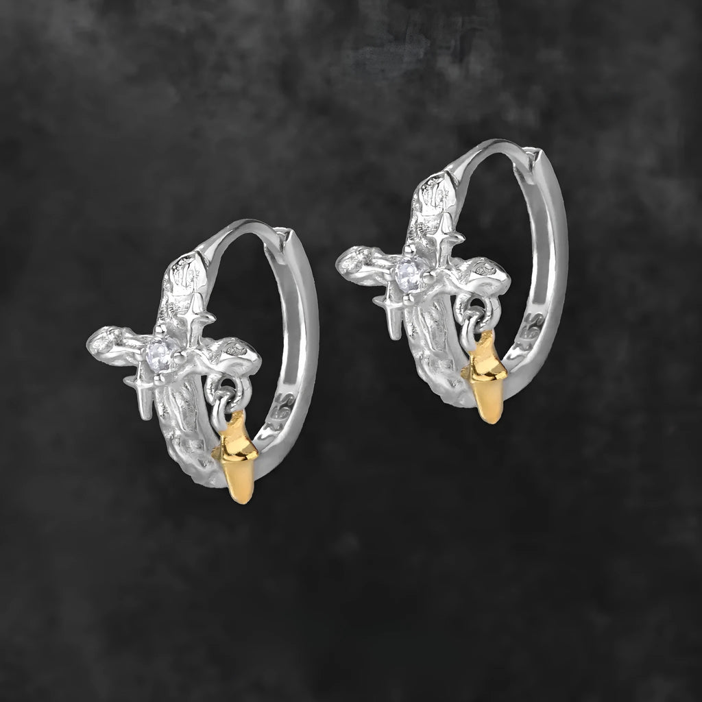 925 silver geometric cross earrings with white gold electroplating and round detailing