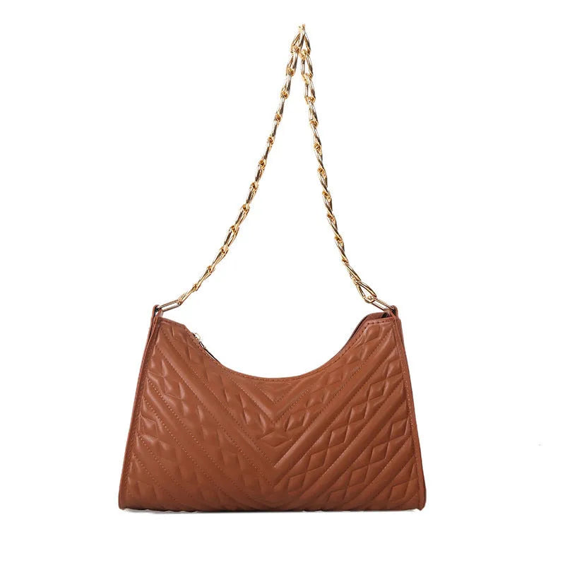 PU leather pleated chain baguette bag in vertical square shape with shoulder strap and carry handle