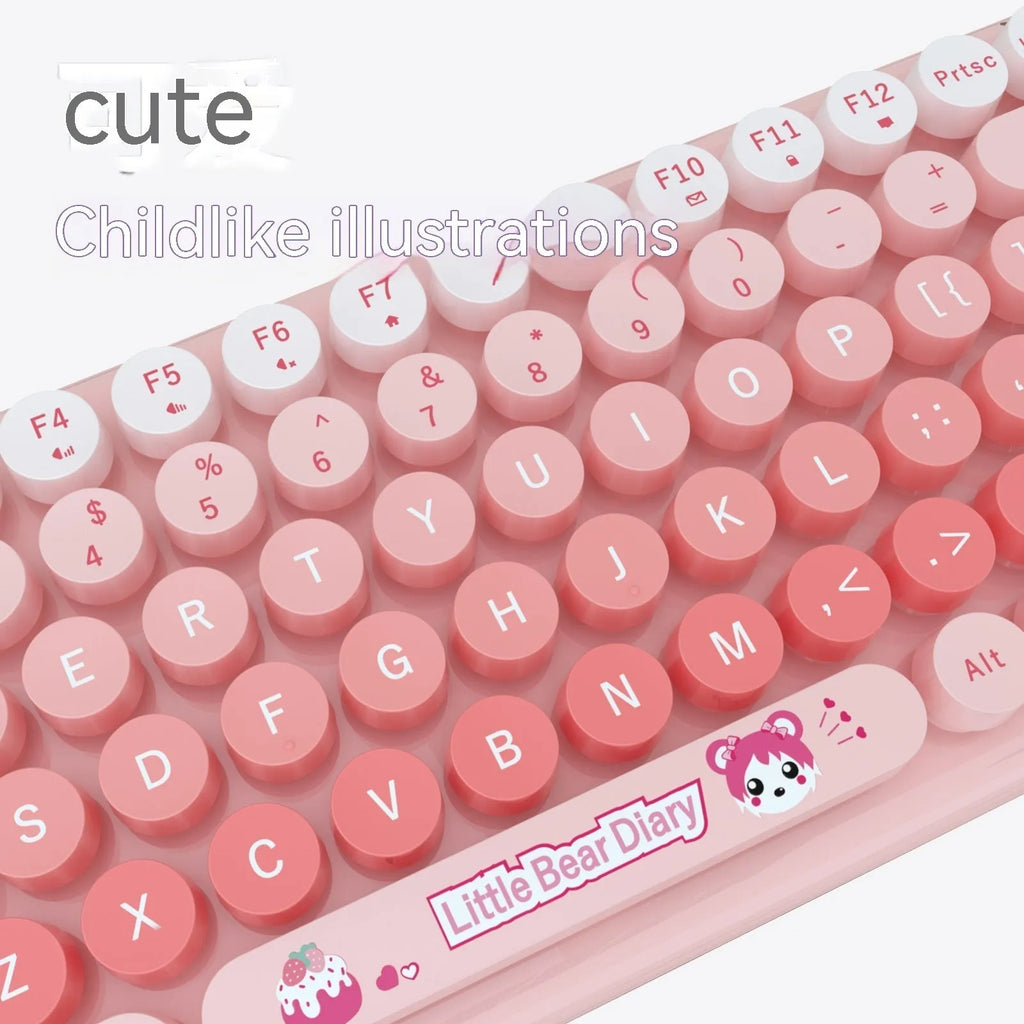 Pink mini cartoon-style wireless keyboard and mouse set on a desk with receiver.