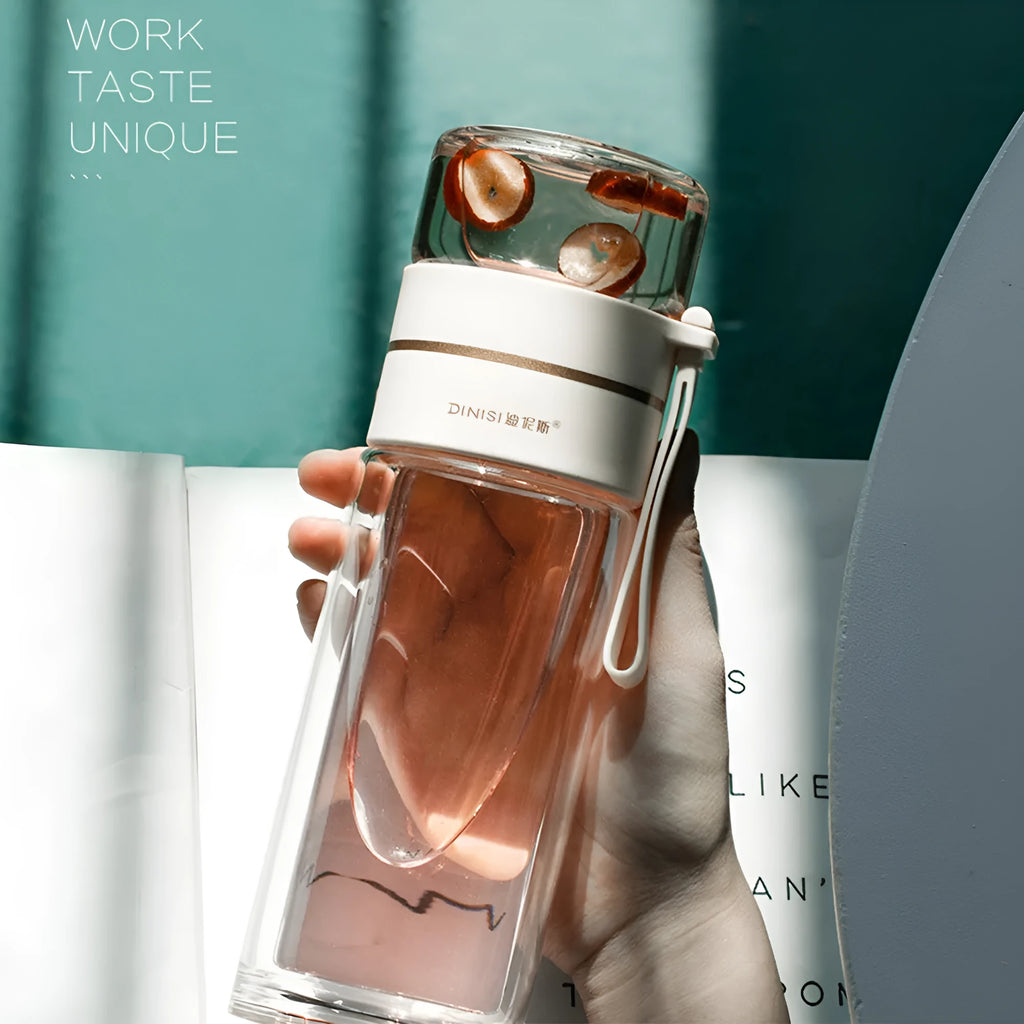 Double wall glass water bottle with tea infuser filter, leakproof, high borosilicate, stainless steel strainer, portable rope, 400ml