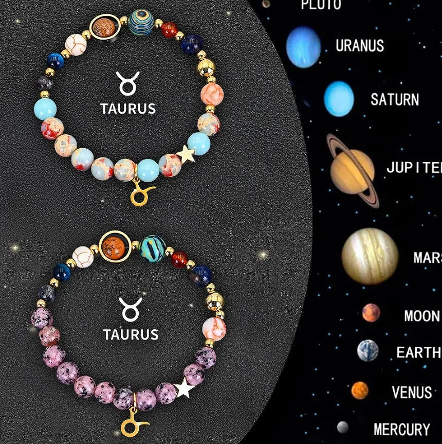 Set of two natural stone beaded bracelets showing zodiac sign designs on elasticated cords