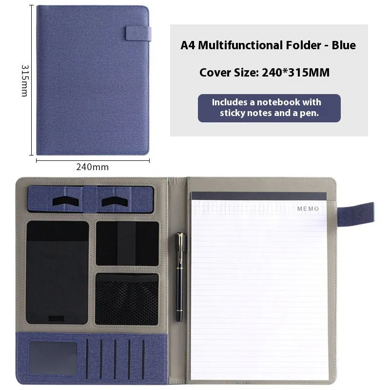 Leather A4 business folder in black showing document, pen, and notepad compartments