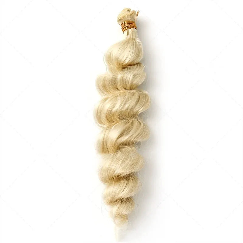 Golden synthetic hair weft wig showing length options on mannequin head