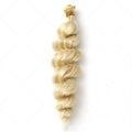 Golden synthetic hair weft wig showing length options on mannequin head