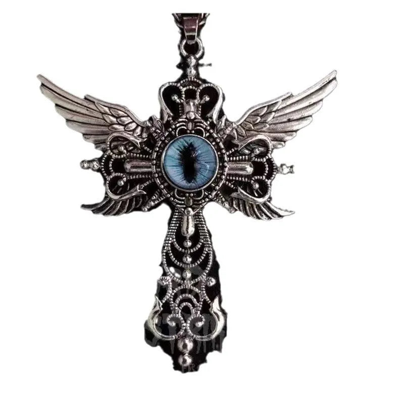 Geometric devil wings cross pendant necklace in alloy metal showing colour options