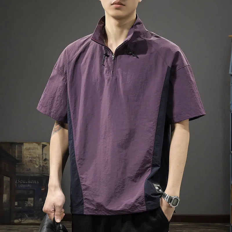 Brown men's half-zip stand collar casual shirt made from Ice Silk fabric, showing the front zip and short sleeves.