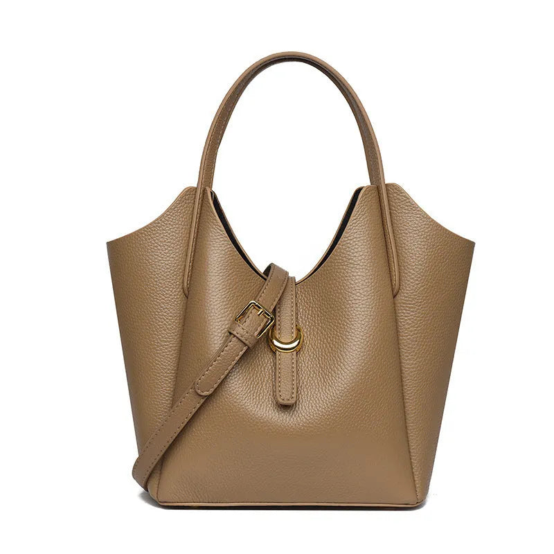 Genuine leather women's hand holding bucket bag in retro style with large capacity