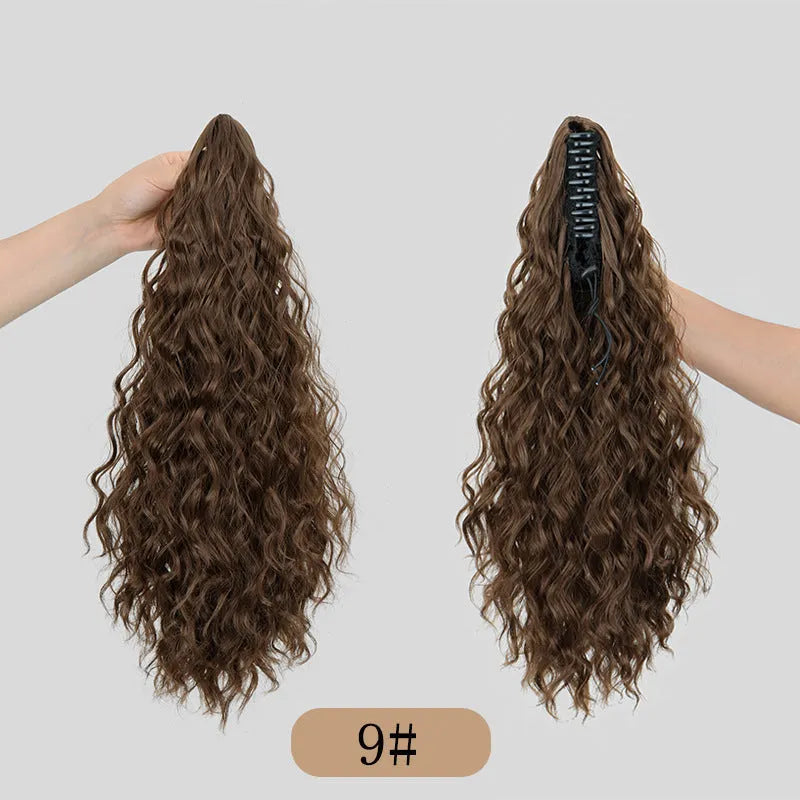A corn curl ponytail wig with a water ripple grip texture, shown in a dark brown 1B colour, featuring a hair clip attachment.