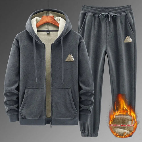 Men's grey cashmere hooded sweater and matching trousers sports suit set on hanger