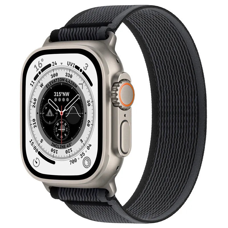 Nylon single ring watch strap for Apple Watch in multiple colour options on a grey background.